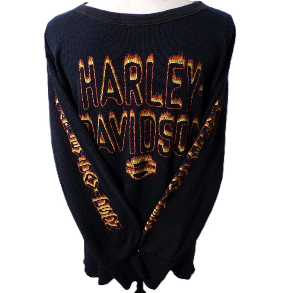 Vintage Harley Davidson 3XL Thermal Flame Shirt Black Waffle Made USA 90's Nice